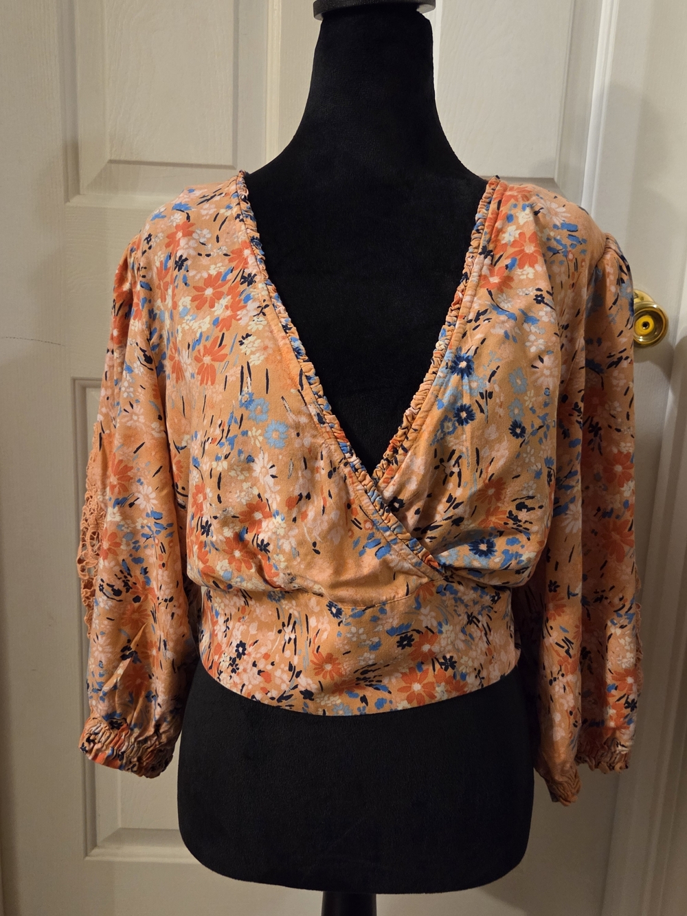 Jessica Simpson Rust Floral Wrap Blouse with Blue Accents